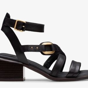 Clarks Black Leather Block Heel Sandals